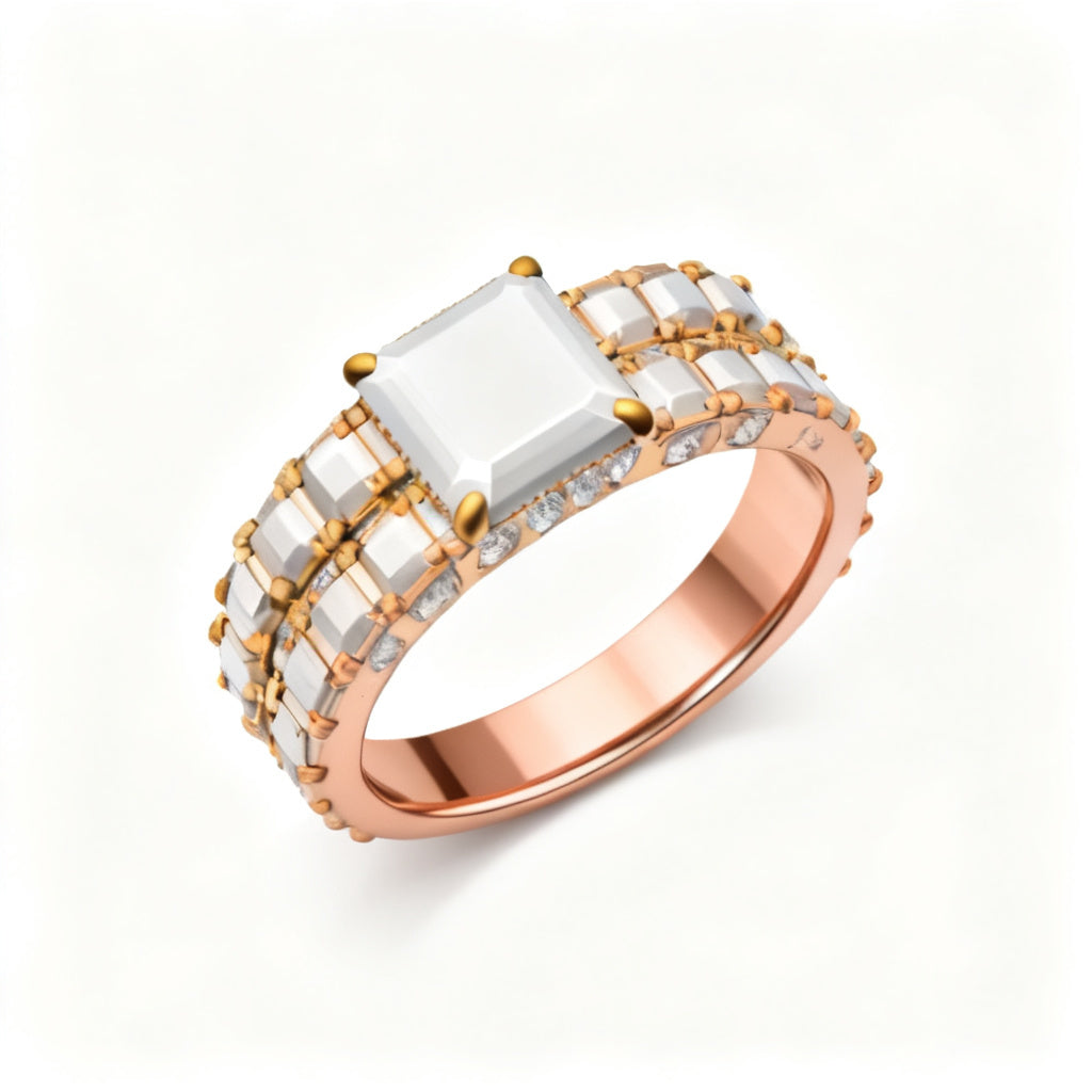 Emerald Asscher Sovereign Band Ring Rose Gold Overhead View