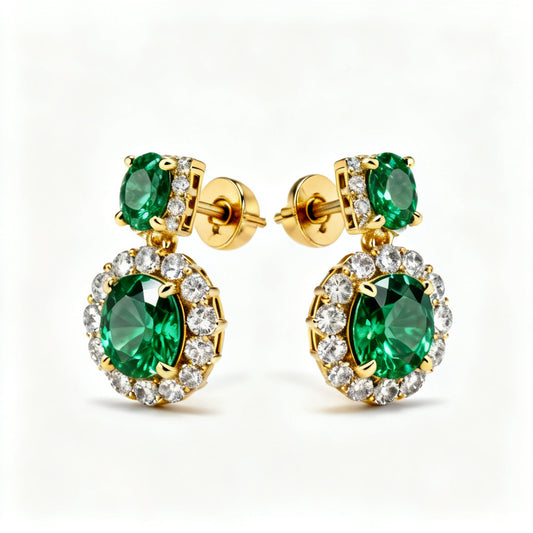 Emerald & Round Diamond Statement Back Earrings - YG 45deg