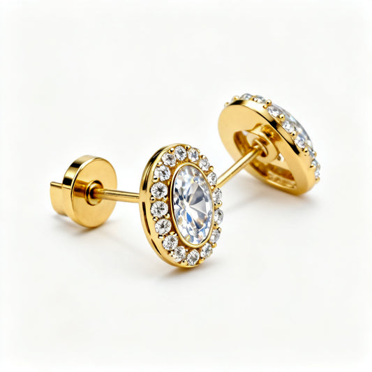 Oval & Round Diamond Luxe Back Earrings - Yellow Gold 45 Degree View