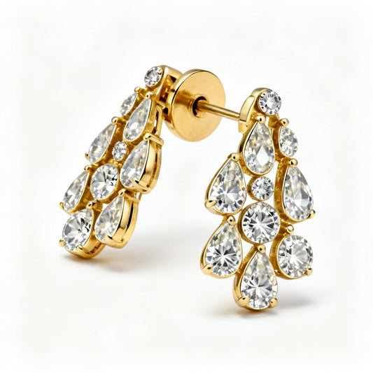 Pear & Round Lab-Grown Diamond Statement Back Earrings in Yellow Gold - 45 Degree Angle