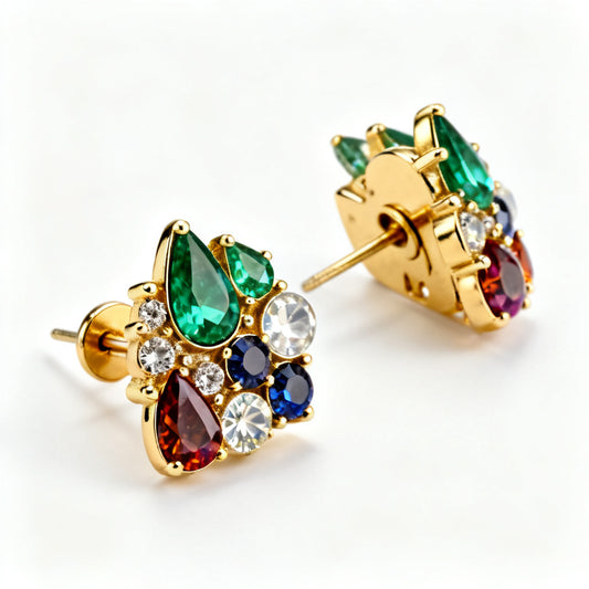 Multi-Color Stone Luxe Back Earrings - Yellow Gold - 45 Degree View