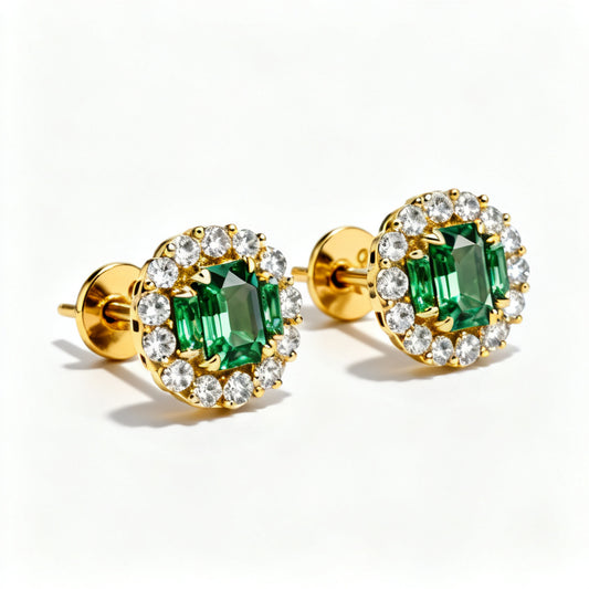 Emerald & Round Lab-Grown Diamond Luxe Back Earrings - Yellow Gold - 45 Degree View
