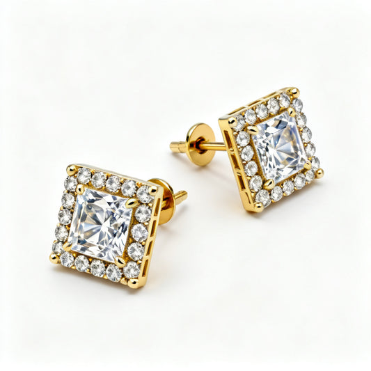 Princess Round Lab-Grown Diamond Luxe Back Earrings Yellow Gold 45 View