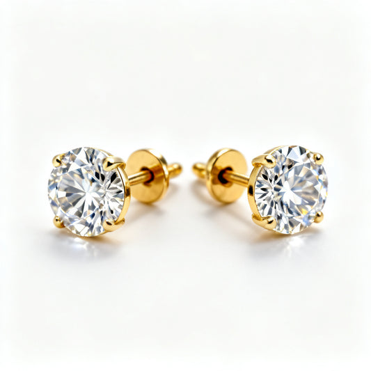 Lab-Grown Round Diamond Luxe Back Earrings - Yellow Gold 45 Degree