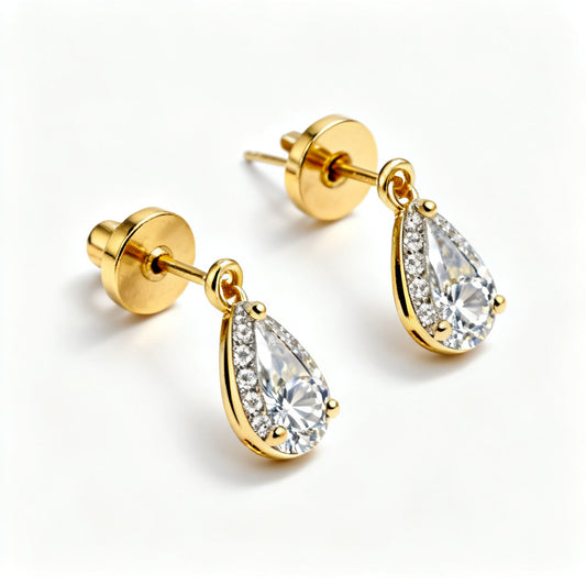 Pear & Round Lab-Grown Diamond Luxe Back Earrings - Yellow Gold 45 Degree View