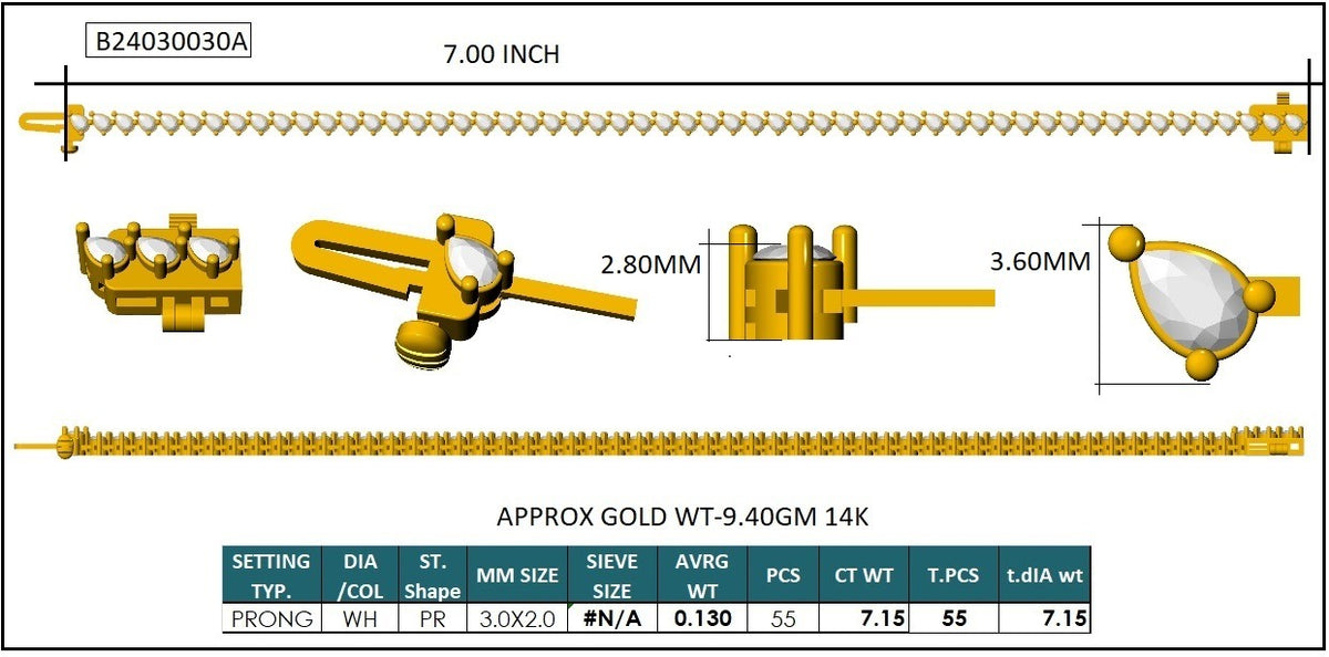 14KT Pear Diamond Bracelet - 14KT Gold