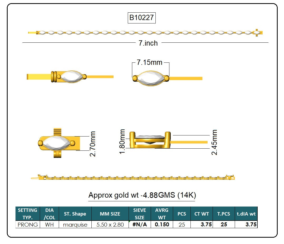 Marquise Lab-Grown Diamond Tennis Bracelet - 14KT Gold