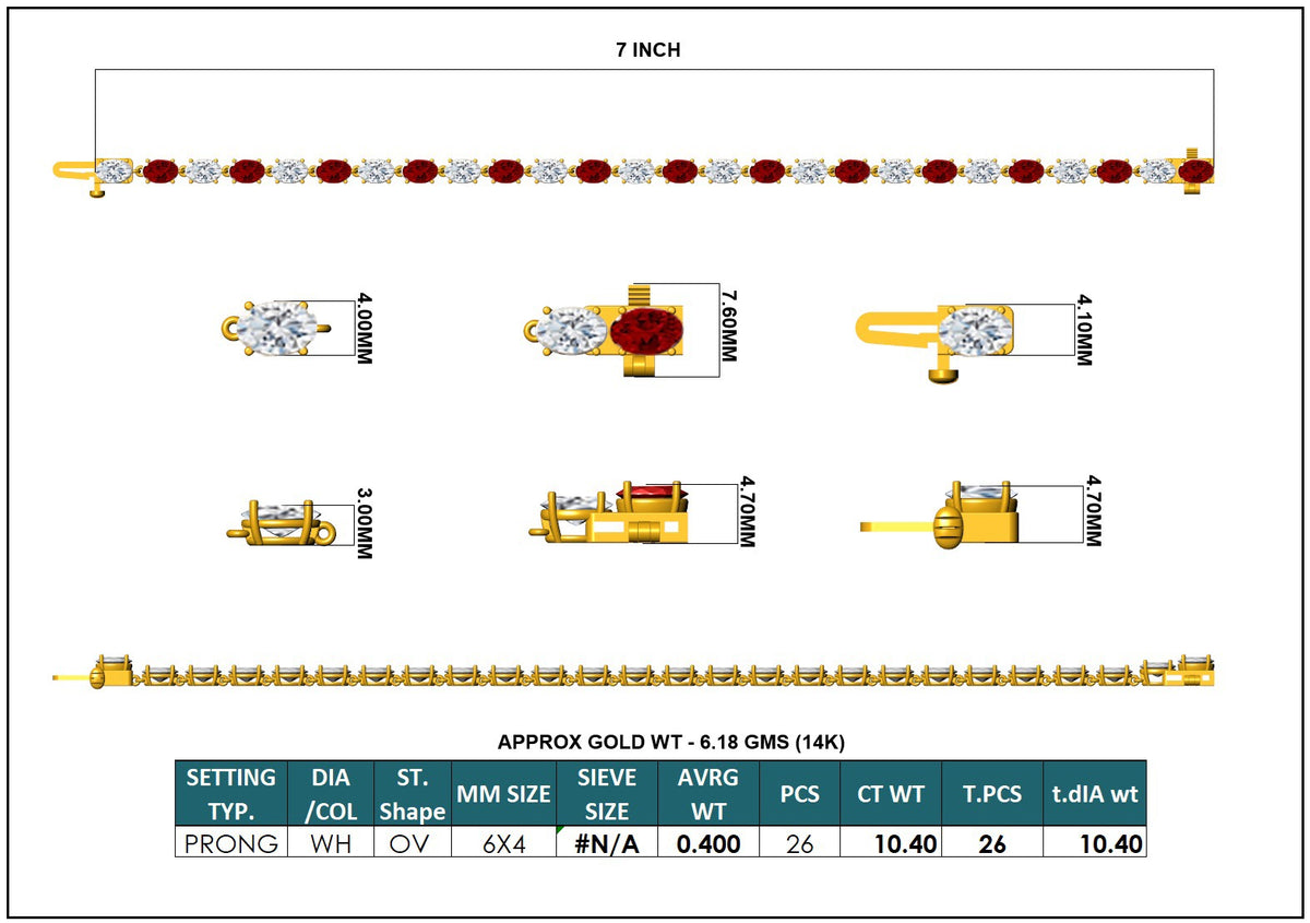 Luxury Oval Lab-Grown Color & Diamond Bracelet - 14KT Gold