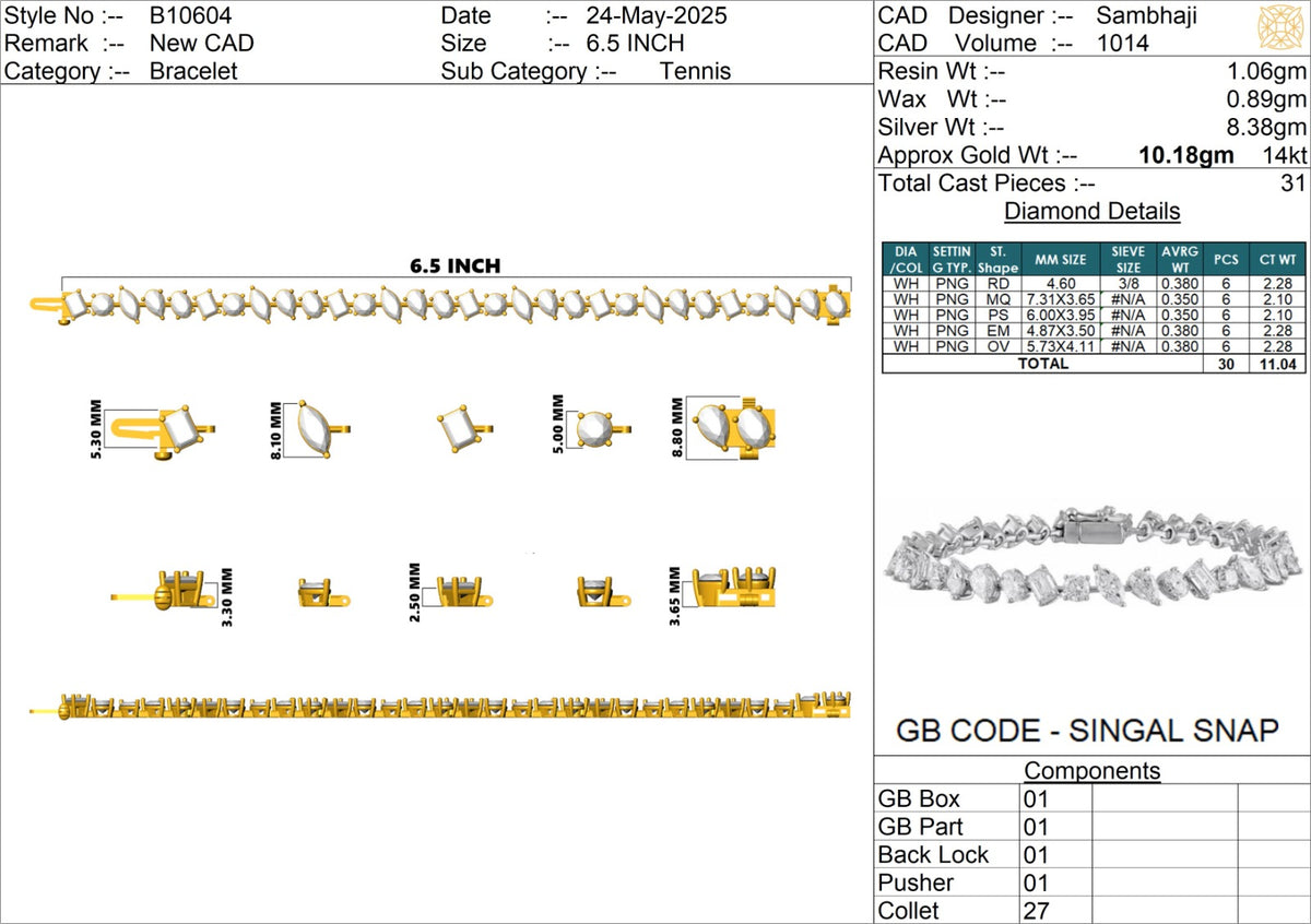 Mixed Shape Lab-Grown Diamond Bracelet - 14KT Gold