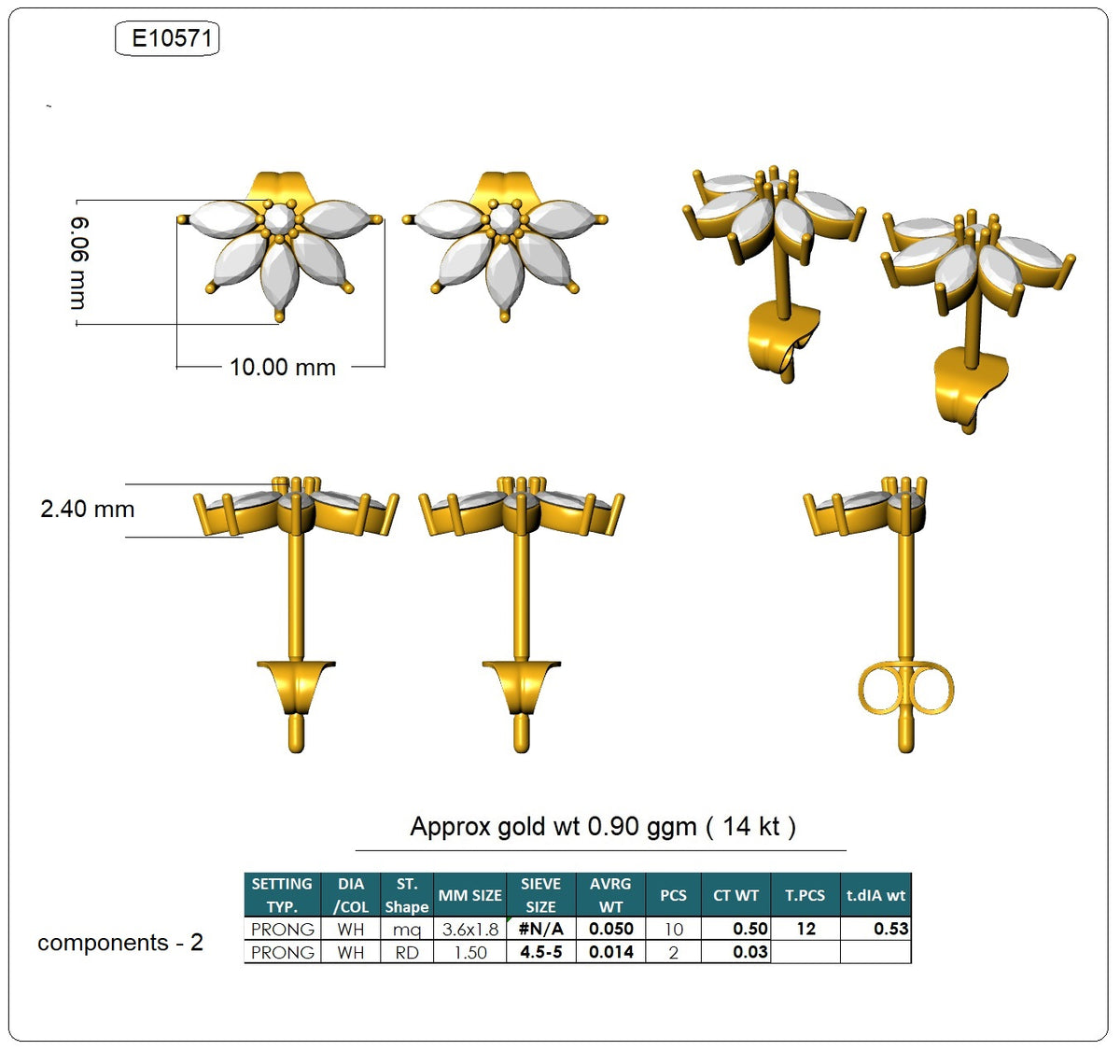 Lab-Grown Multi-Shape Diamond Luxe Back Earrings - 14KT Yellow Gold