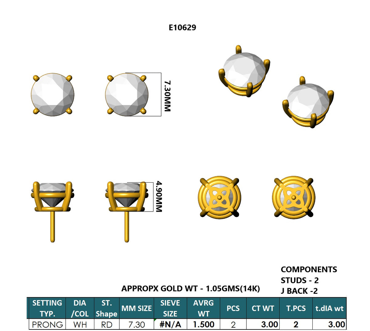 Lab-Grown Round Diamond Luxe Back Earrings - 14KT Yellow Gold