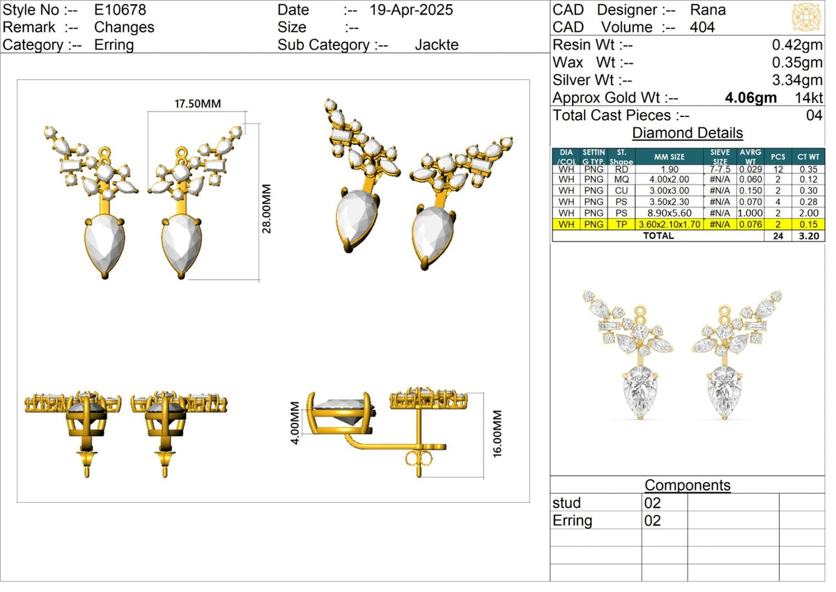 Multi Shape Lab-Grown Diamond Luxe Back Earrings - 14KT Yellow Gold