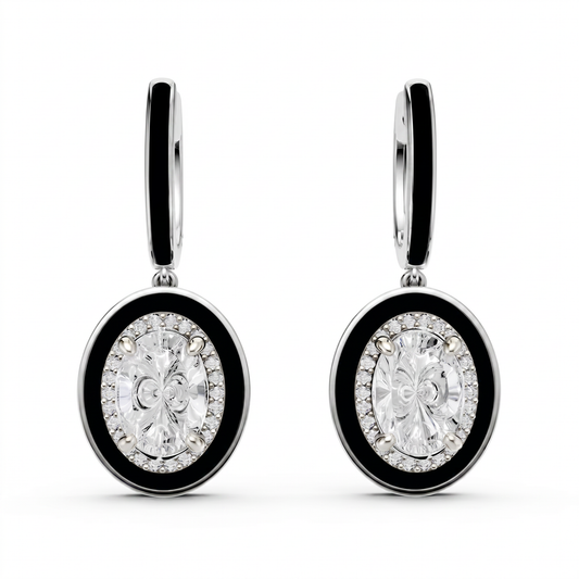 Oval Silver CZ Statement Back Earrings - White Gold