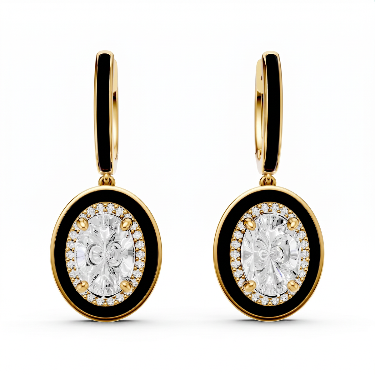 Oval Silver CZ Statement Back Earrings - Yellow Gold