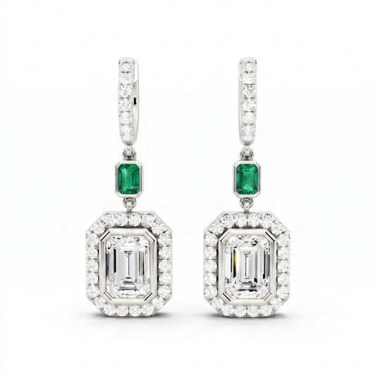 Emerald & Round Lab-Grown Diamond Back Earrings - White Gold