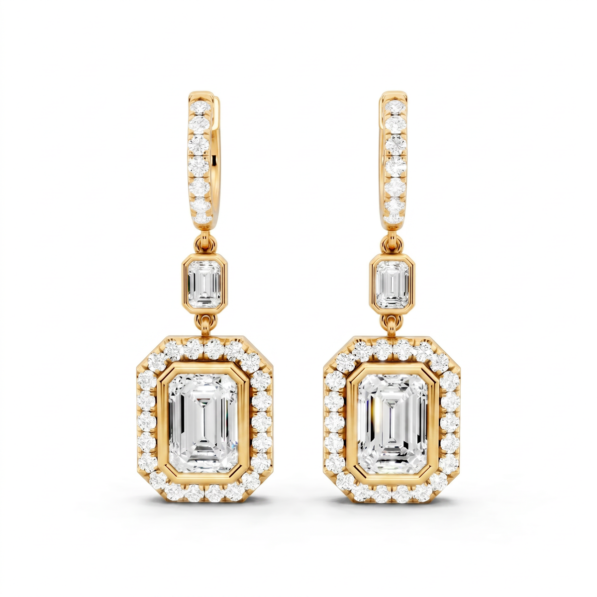 Emerald & Round Lab-Grown Diamond Back Earrings - Yellow Gold