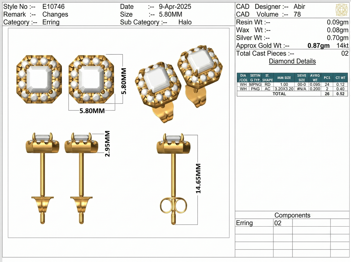 Asscher & Round Lab-Grown Diamond Pavé Back Earrings - Yellow Gold