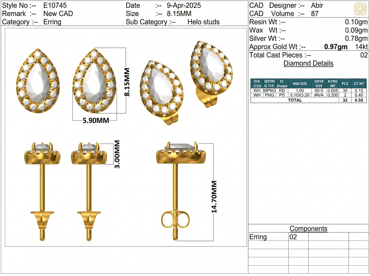 Pear & Round Lab-Grown Diamond Pavé Back Earrings - Yellow Gold