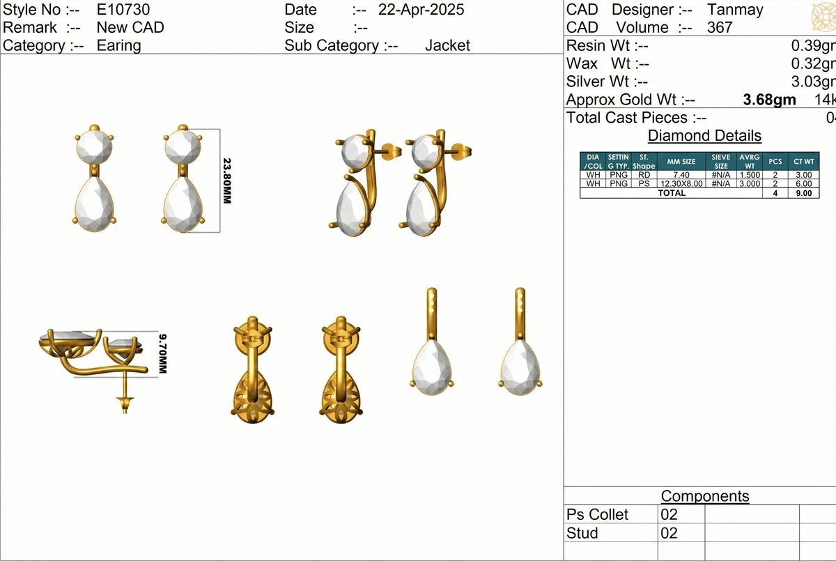 Pear & Round Lab-Grown Diamond Statement Back Earrings - Yellow Gold