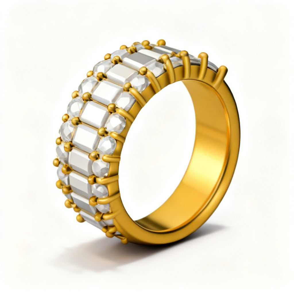 Emerald Mosaic Band Ring Yellow Gold 45 Degree View