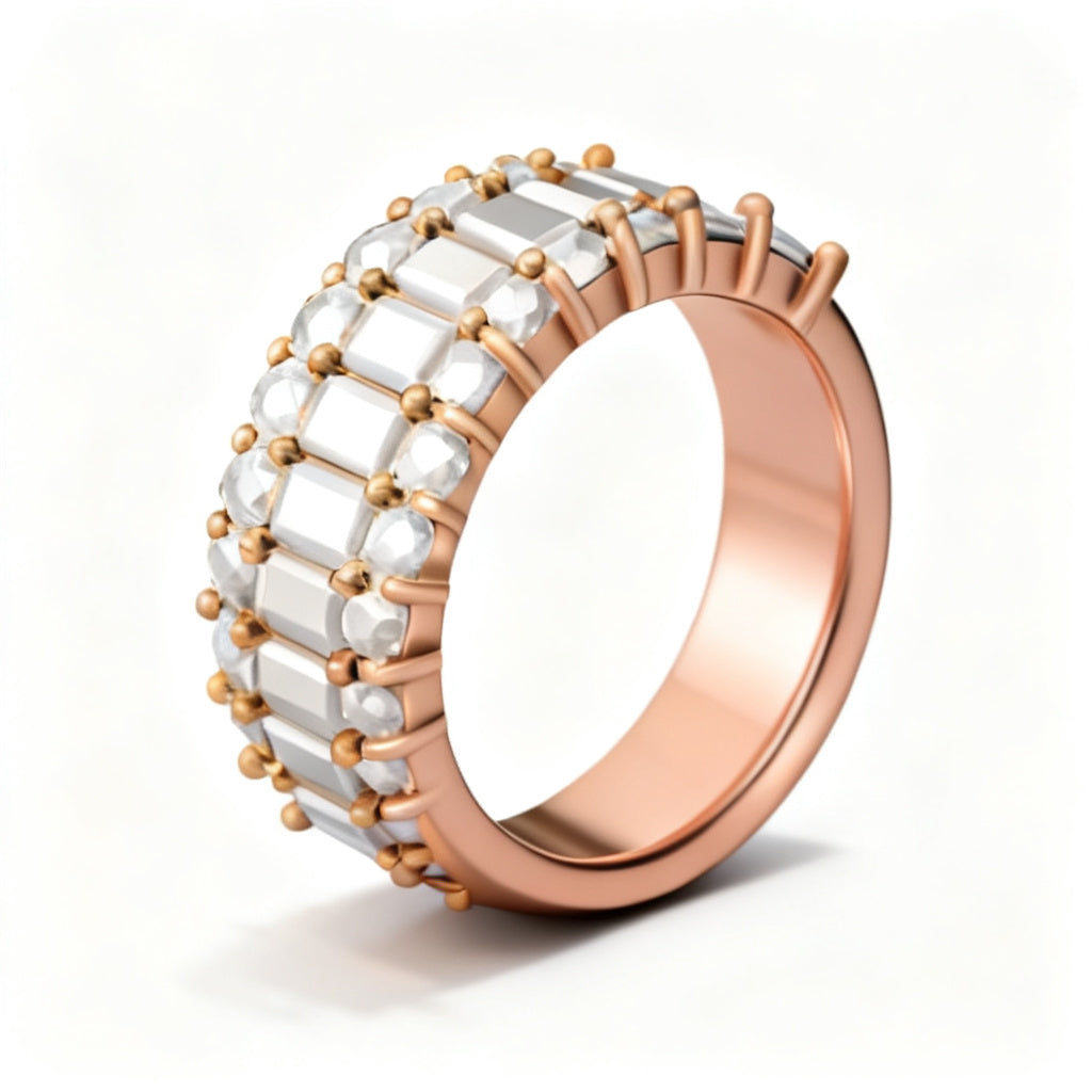 Emerald Mosaic Band Ring Rose Gold 45 Degree View