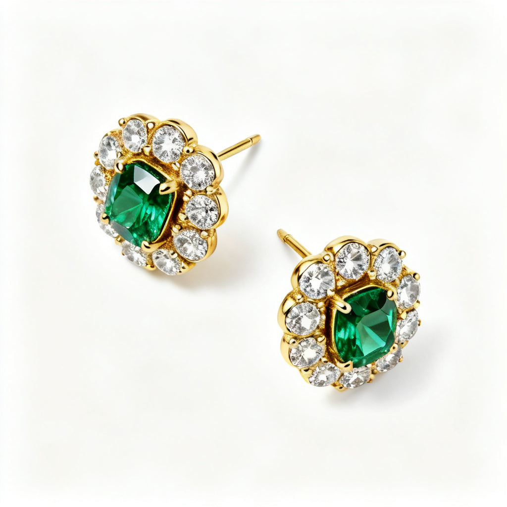 Emerald & Round Diamond Statement Back Earrings - YG Overhead