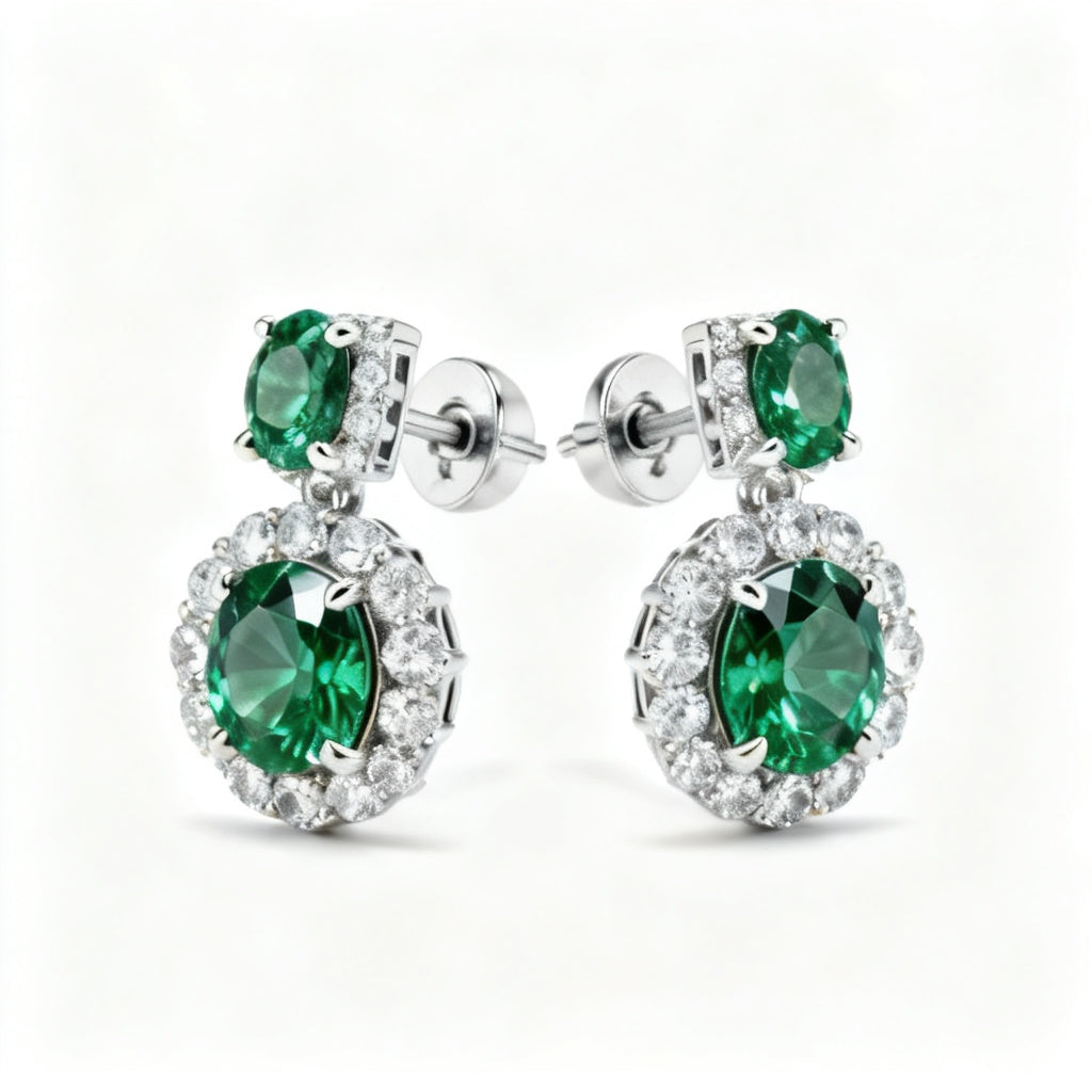 Emerald & Round Diamond Statement Back Earrings - WG 45deg