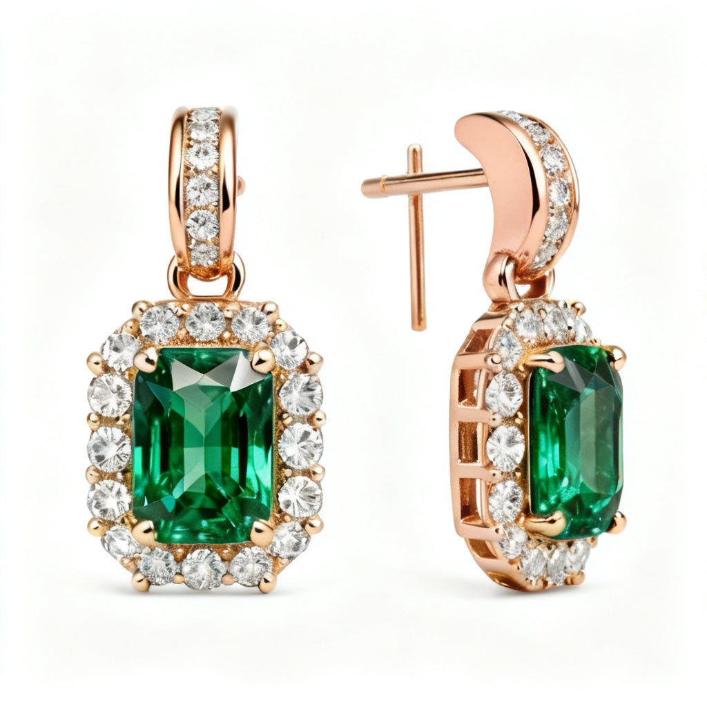 Emerald & Round Diamond Statement Back Earrings - RG Side