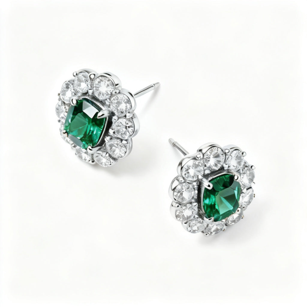 Emerald & Round Diamond Statement Back Earrings - WG Overhead