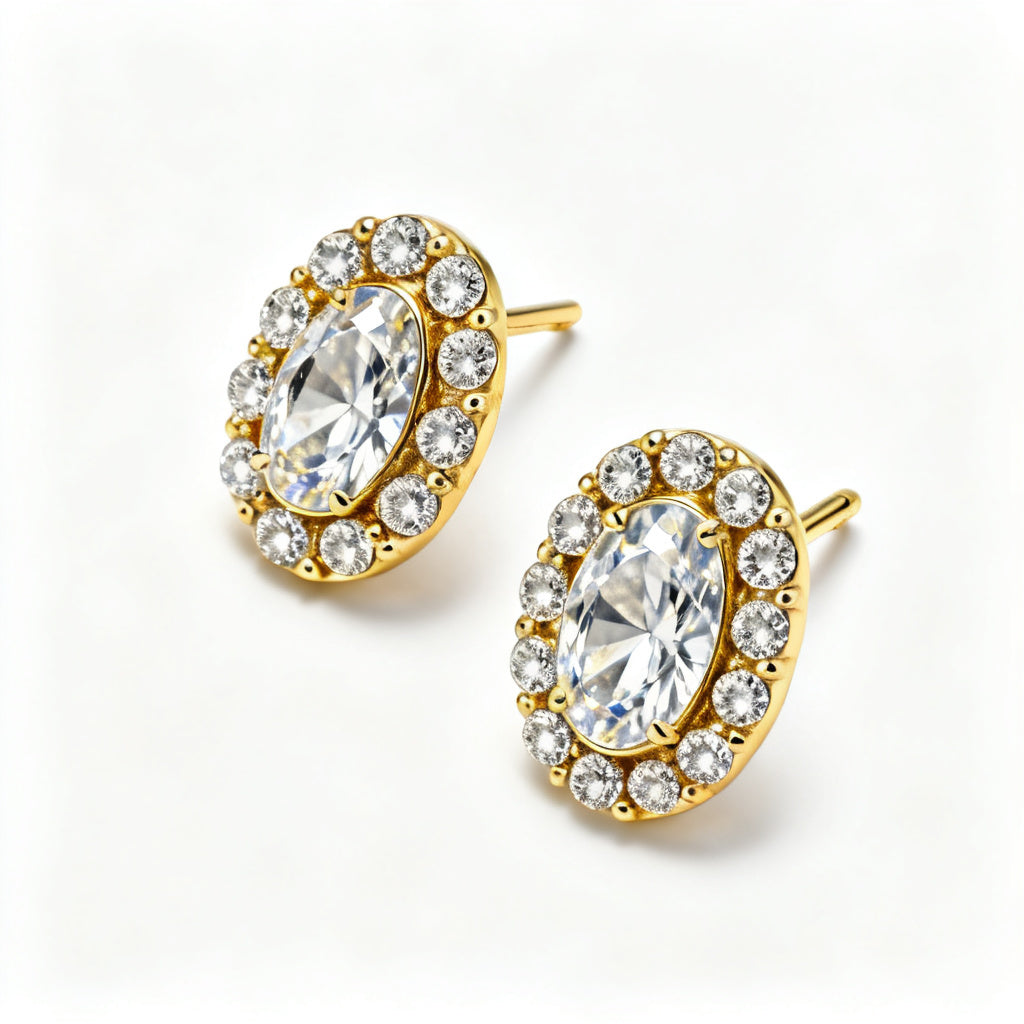 Oval & Round Diamond Luxe Back Earrings - Yellow Gold Overhead View