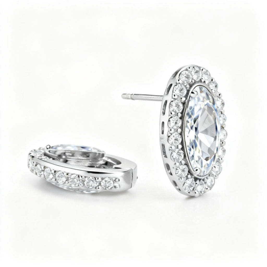 Oval & Round Diamond Luxe Back Earrings - White Gold Side Profile