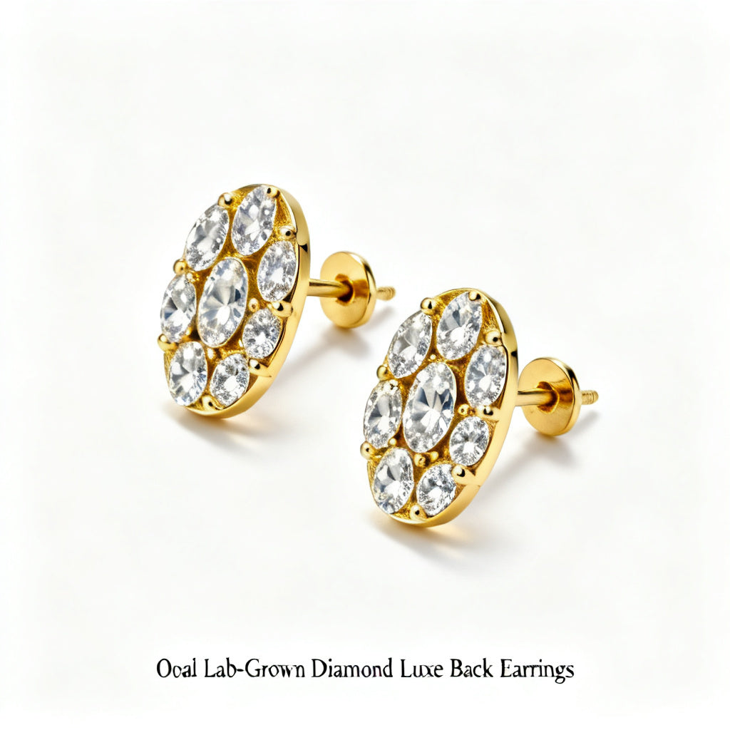 Oval Lab-Grown Diamond Luxe Back Earrings - Yellow Gold 45 Degree View