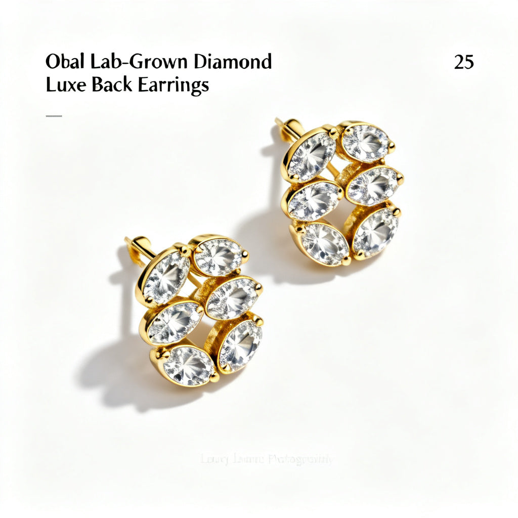 Oval Lab-Grown Diamond Luxe Back Earrings - Yellow Gold Overhead View