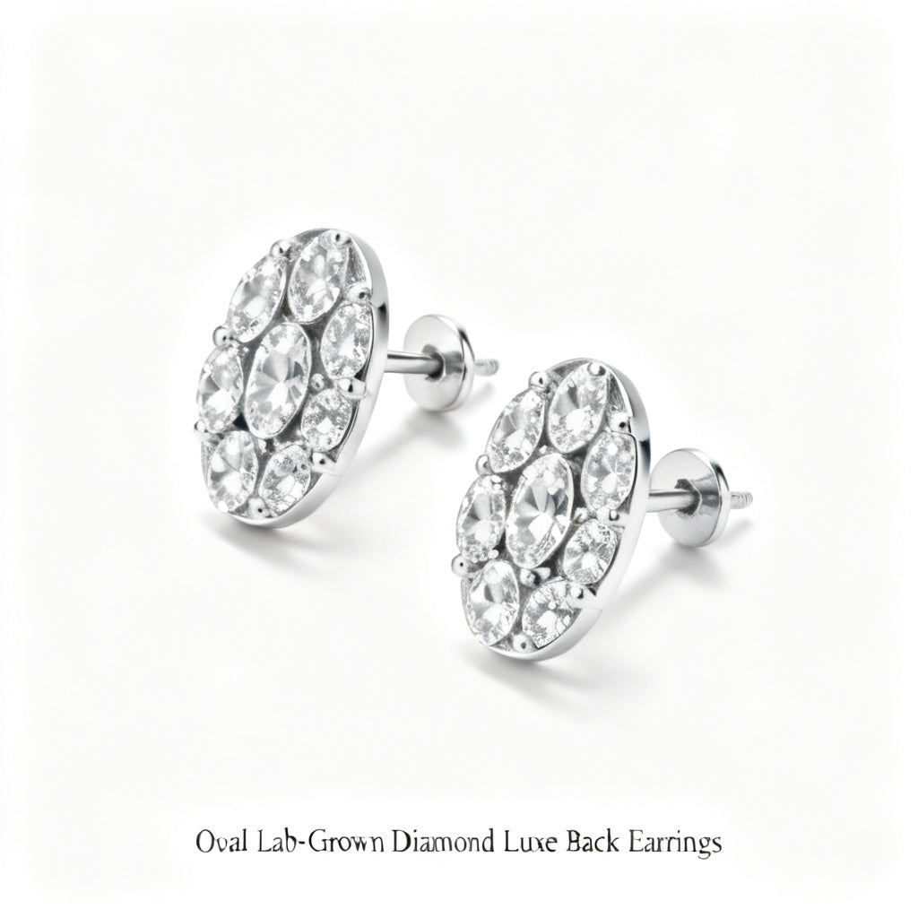 Oval Lab-Grown Diamond Luxe Back Earrings - White Gold 45 Degree View