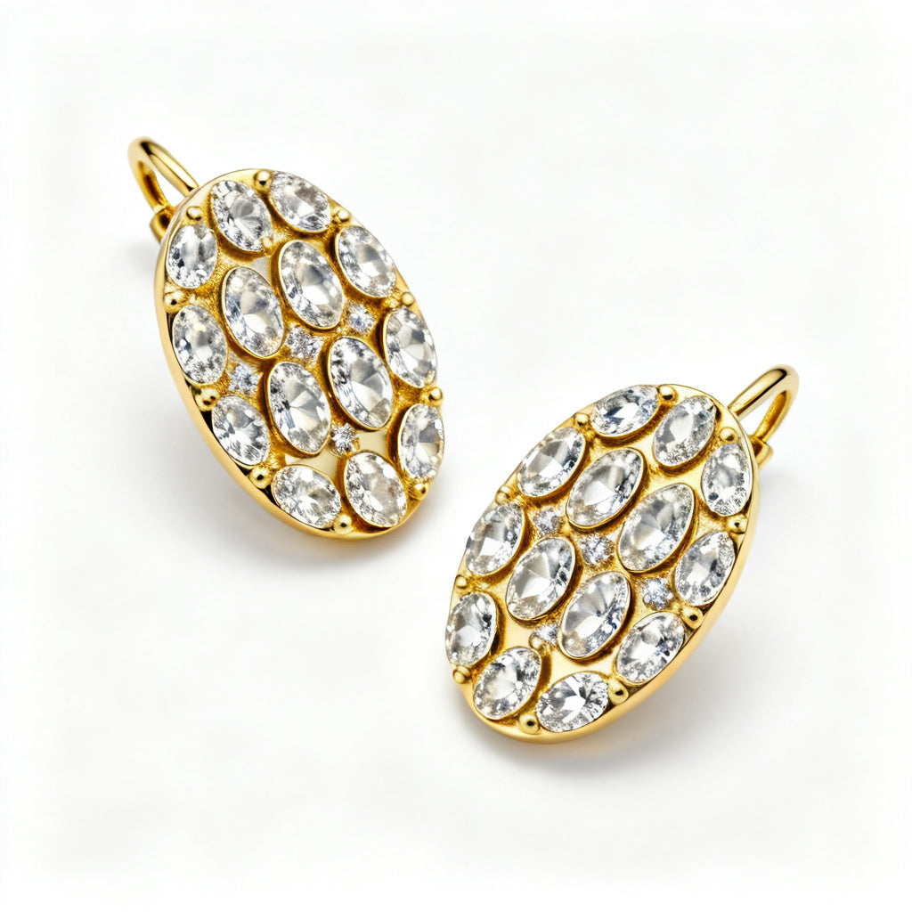 Oval Lab-Grown Diamond Luxe Back Earrings - Yellow Gold Overhead View