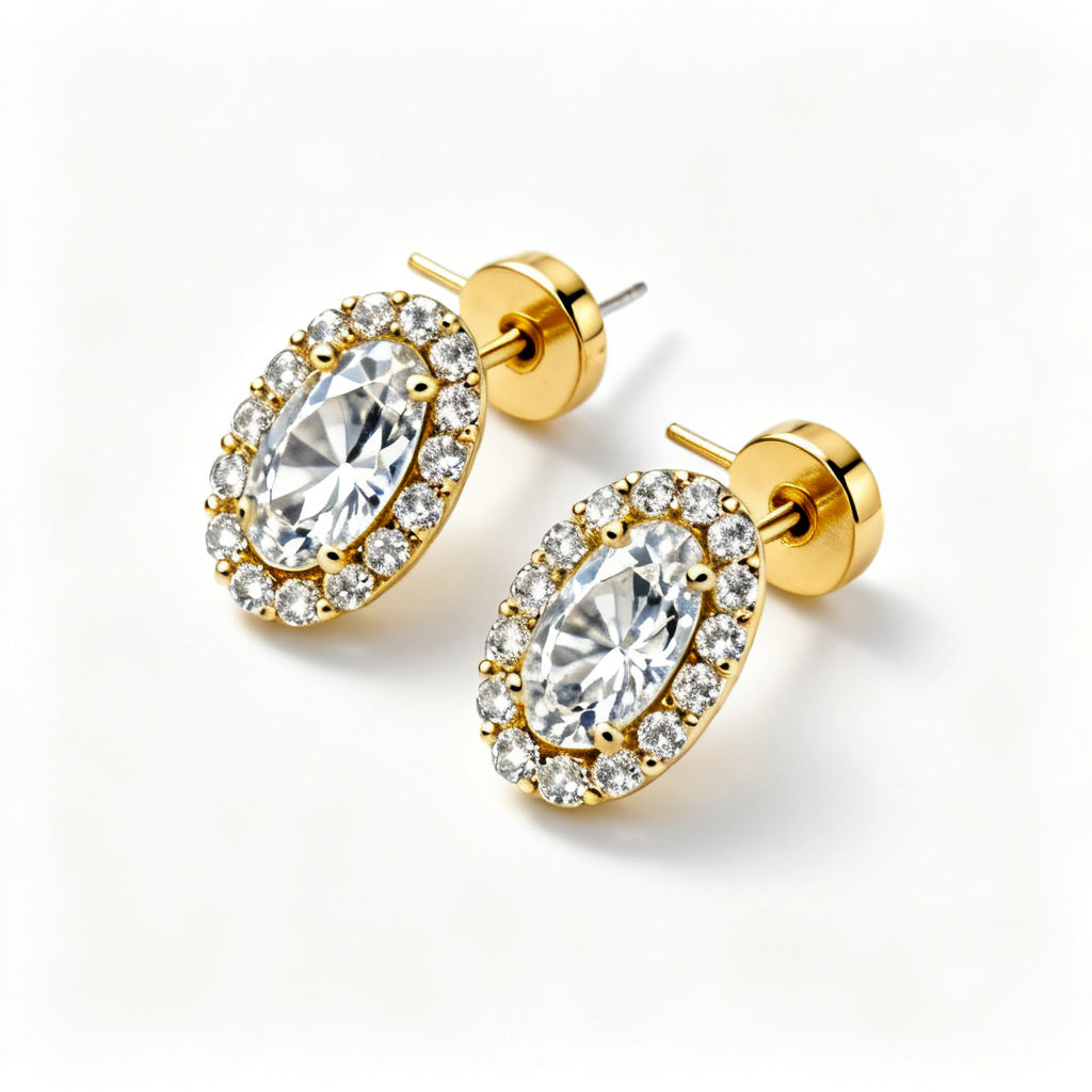 Oval & Round Lab-Grown Diamond Luxe Back Earrings in Yellow Gold - Overhead View