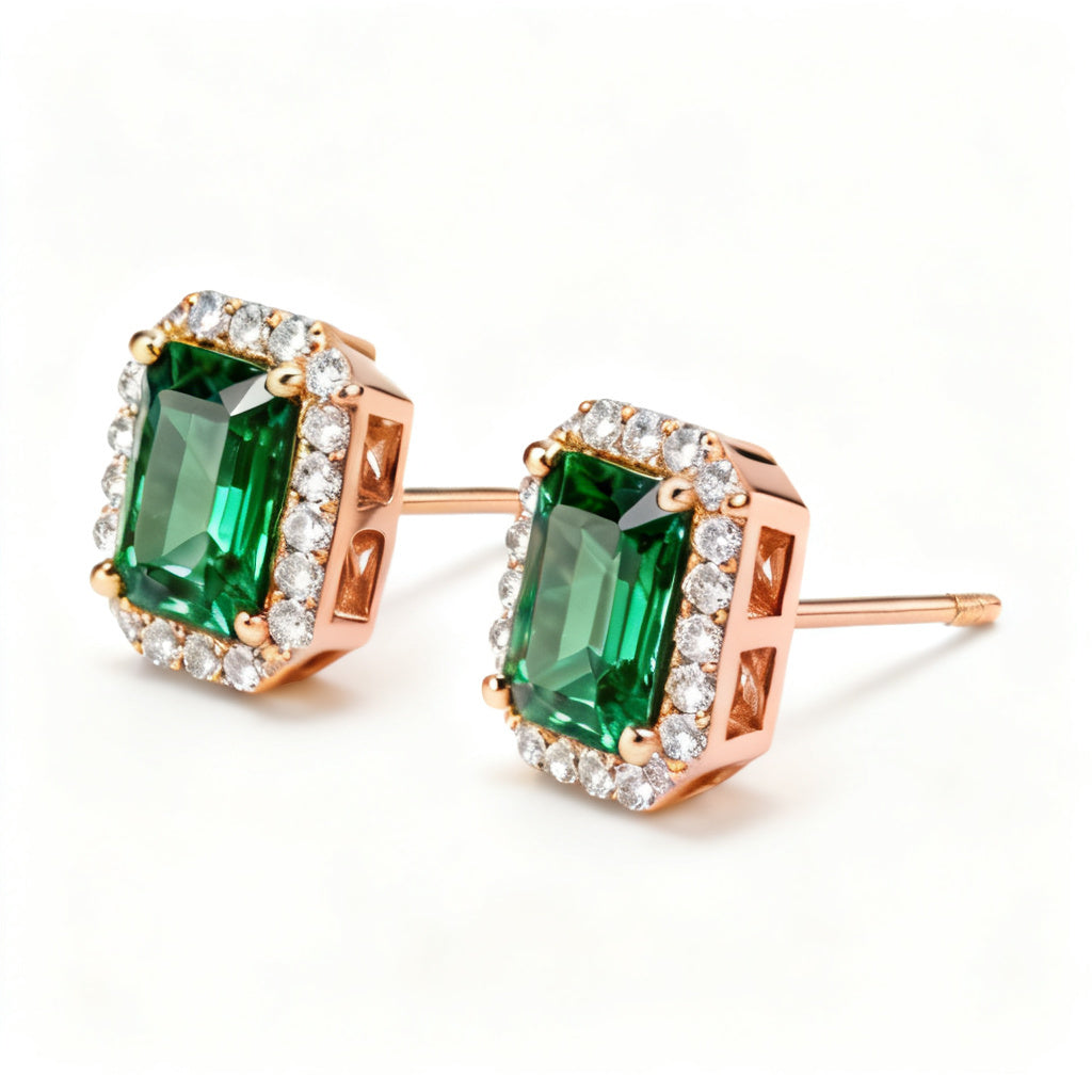 Emerald & Round Lab-Grown Diamond Luxe Back Earrings in Rose Gold - Side Profile
