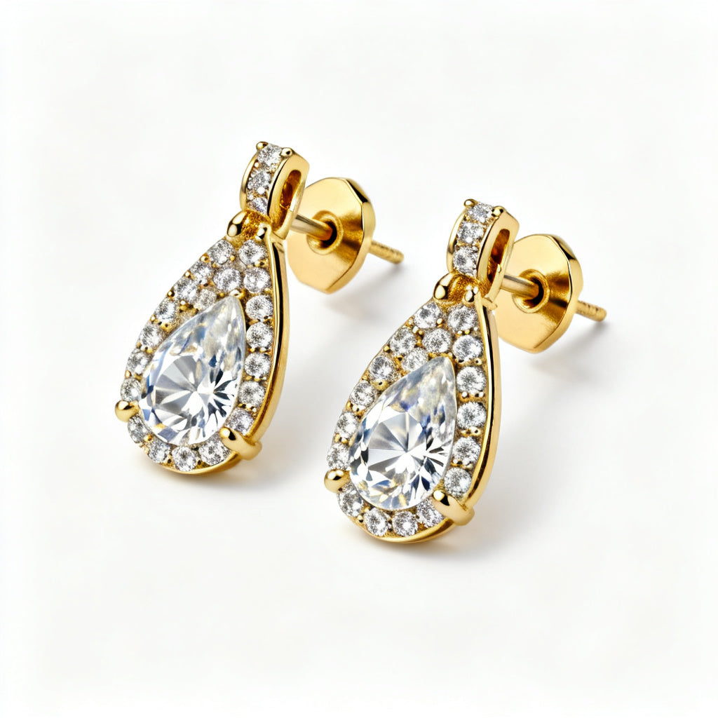 Pear & Round Lab-Grown Diamond Luxe Back Earrings in Yellow Gold - 45 Degree Angle
