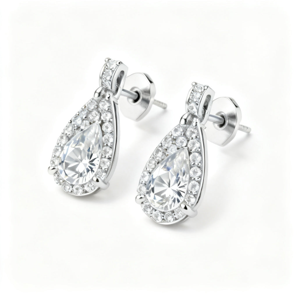 Pear & Round Lab-Grown Diamond Luxe Back Earrings in White Gold - 45 Degree Angle
