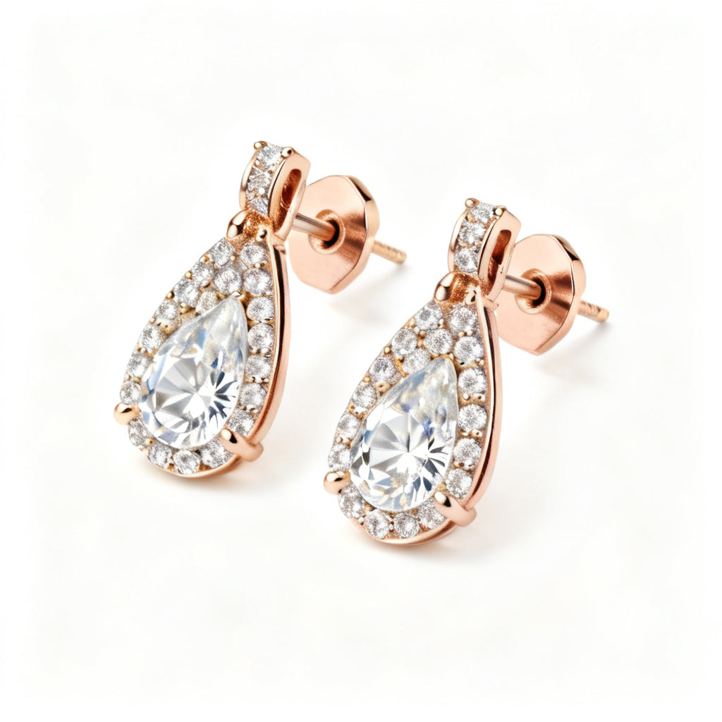 Pear & Round Lab-Grown Diamond Luxe Back Earrings in Rose Gold - 45 Degree Angle