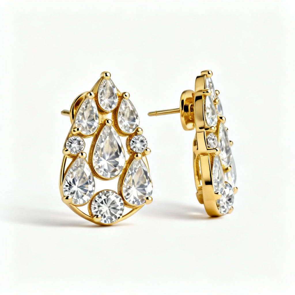 Pear & Round Lab-Grown Diamond Statement Back Earrings in Yellow Gold - Side Profile