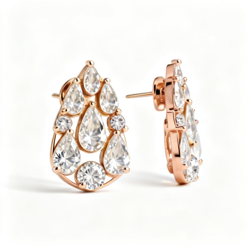Pear & Round Lab-Grown Diamond Statement Back Earrings in Rose Gold - Side Profile