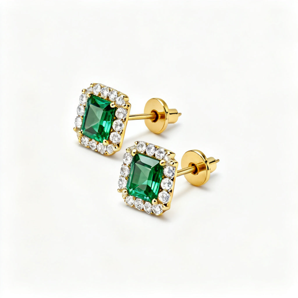 Emerald & Round Lab-Grown Diamond Luxe Back Earrings in Yellow Gold - 45 Degree Angle