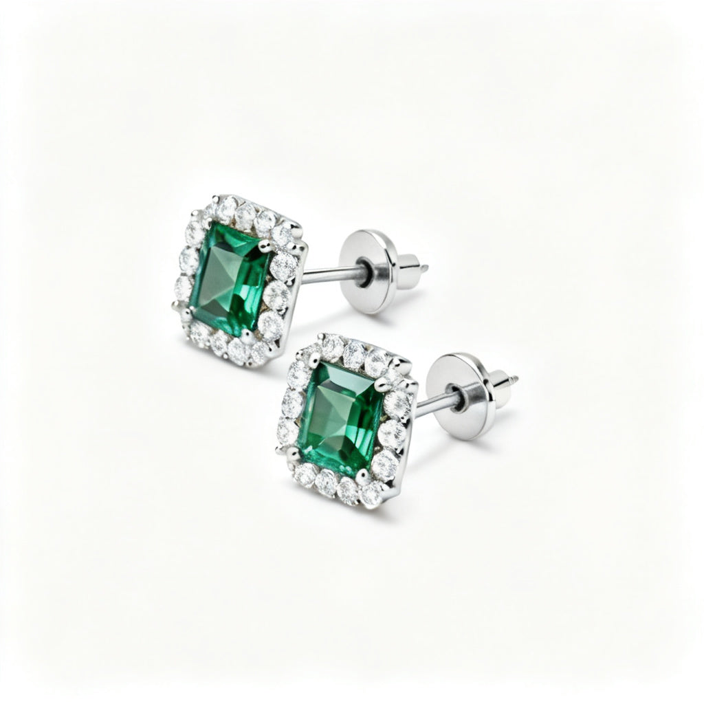Emerald & Round Lab-Grown Diamond Luxe Back Earrings in White Gold - 45 Degree Angle