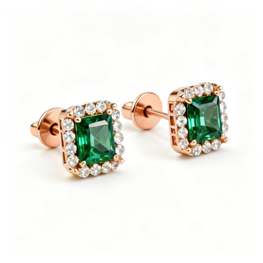 Emerald & Round Lab-Grown Diamond Luxe Back Earrings in Rose Gold - Side Profile