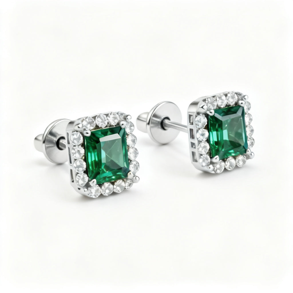 Emerald & Round Lab-Grown Diamond Luxe Back Earrings in White Gold - Side Profile