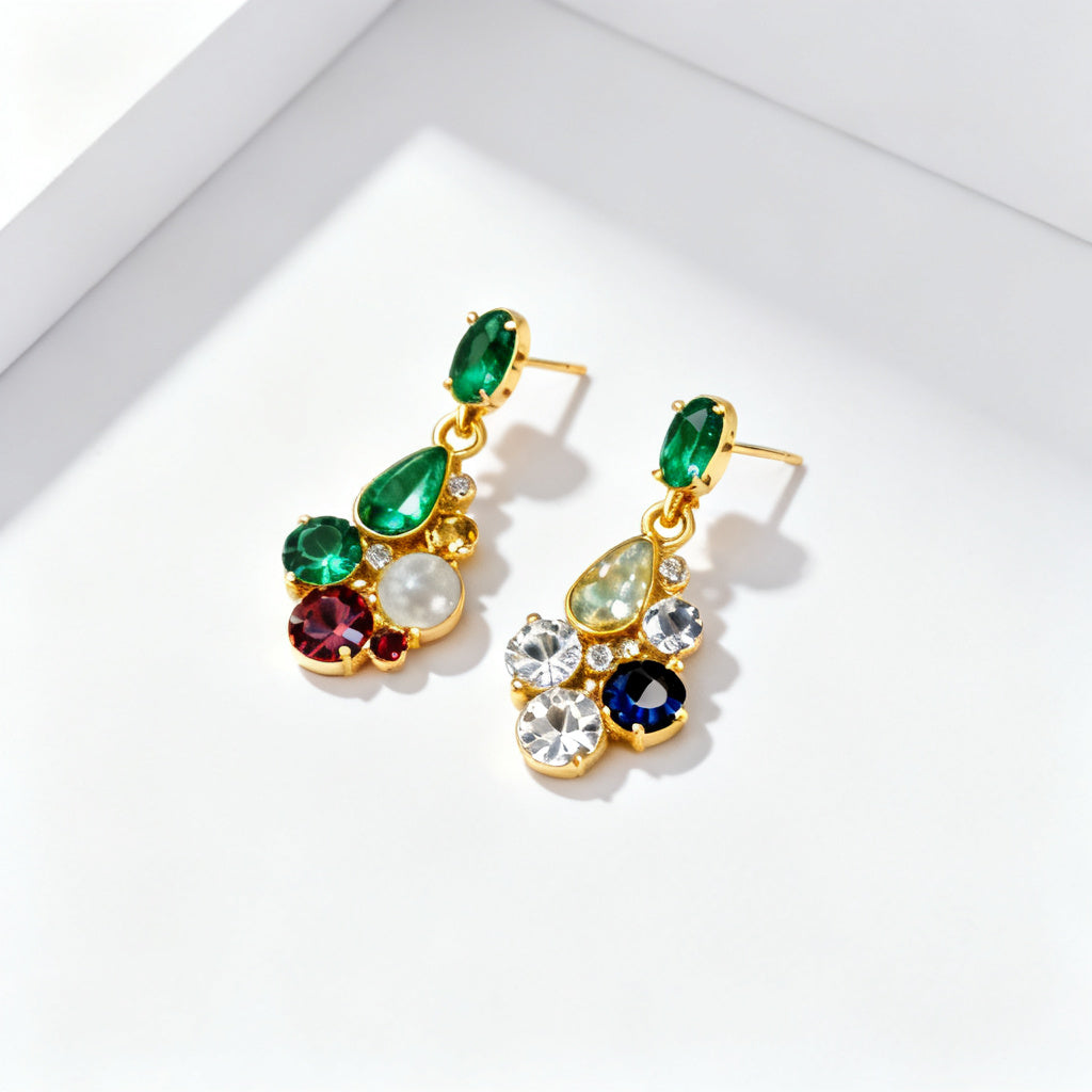 Multi-Color Stone Luxe Back Earrings - Yellow Gold - Overhead View