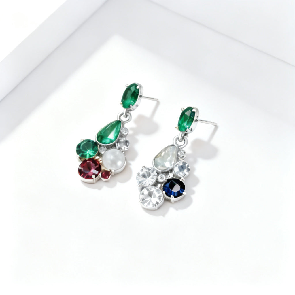 Multi-Color Stone Luxe Back Earrings - White Gold - Overhead View