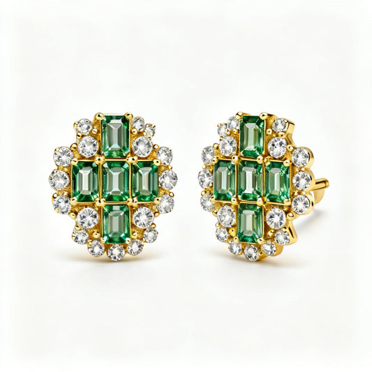 Emerald & Round Lab-Grown Diamond Luxe Back Earrings - Yellow Gold - Front View