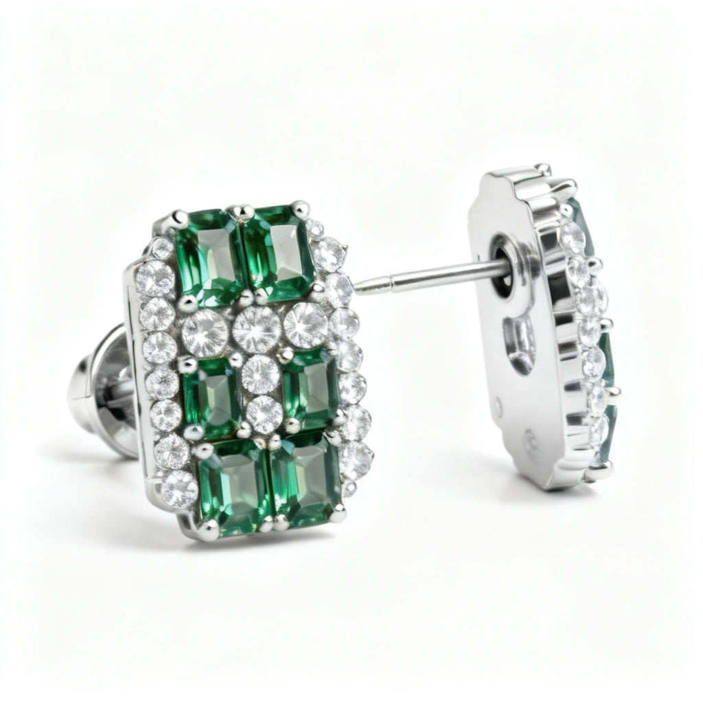 Emerald & Round Lab-Grown Diamond Luxe Back Earrings - White Gold - Side View